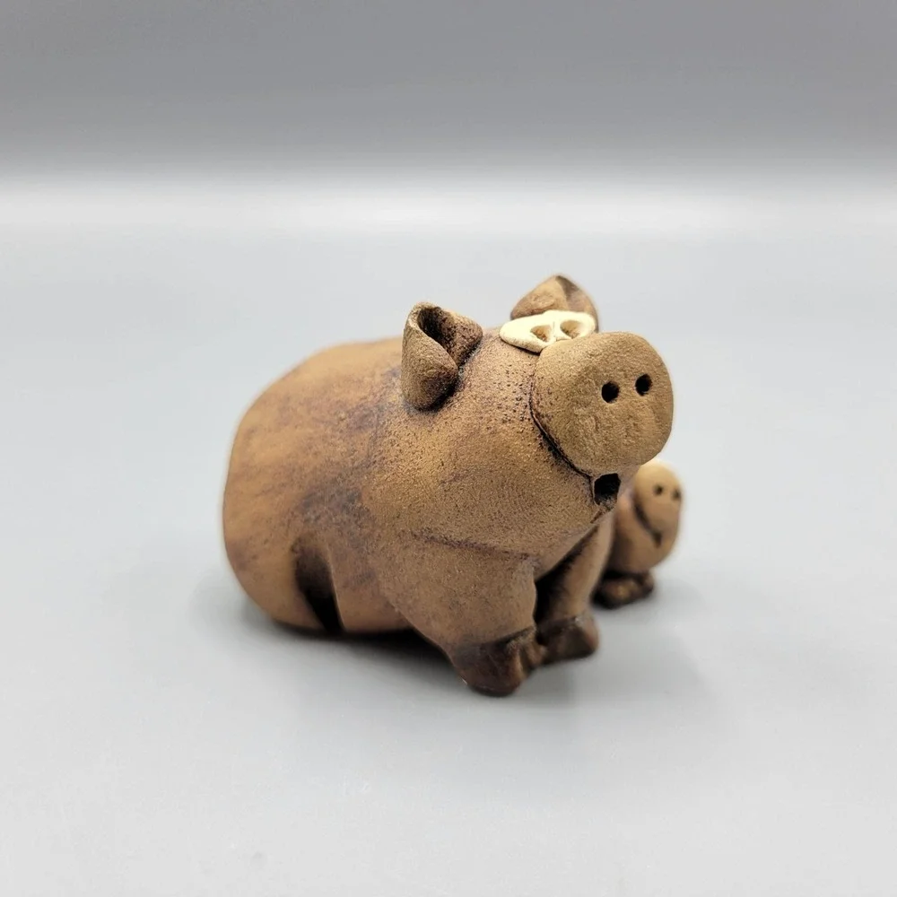 Vintage Handcrafted Clay Pig And Piglet Figurine By Clay Companions 1.5
